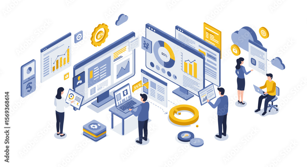 Aufkleber business data analysis and networking vector illustration in isometric flat style for corporate desi