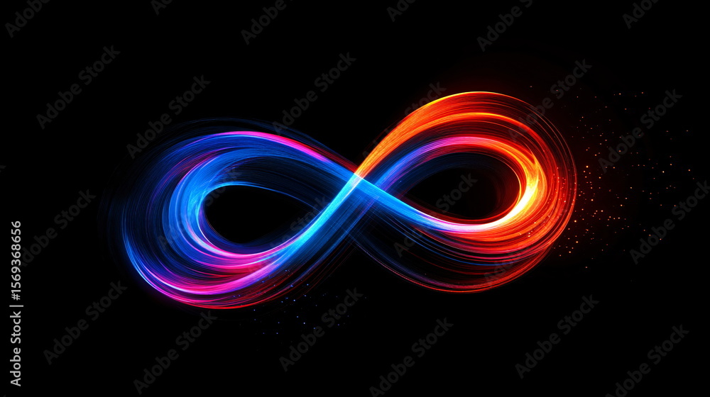 Poster colorful infinity symbol on abstract digital road. data flow. light trails representing high speed i