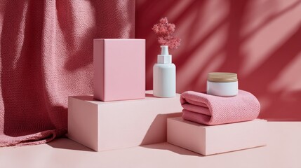 Pastel pink towels and containers on blocks for bathroom skincare spa branding clean soft aesthetic photography
