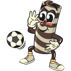 cute chocolate wafer roll mascot cartoon vector illustration play football or soccer, funny dessert character in striped snack design for kids and food packaging, work of hand drawn