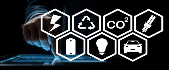 Digital Touchscreen Interaction with Energy Symbols and Eco-Friendly Icons Representing...
