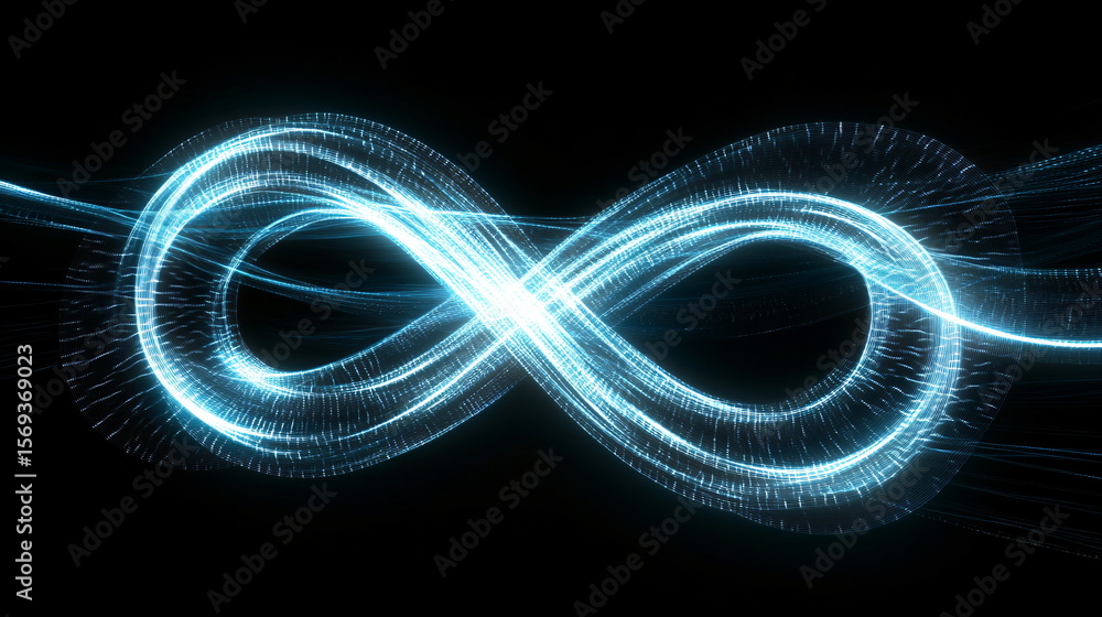 Poster colorful infinity symbol on abstract digital road. data flow. light trails representing high speed i