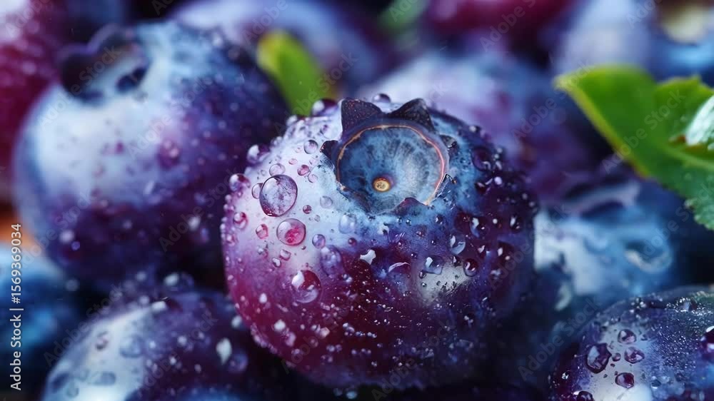 Poster close up of wet blueberries with a shallow depth of field, creating a fresh and appetizing image. pe