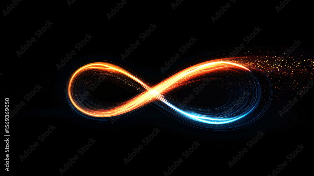 Poster colorful infinity symbol on abstract digital road. data flow. light trails representing high speed i