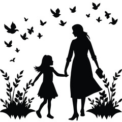Silhouette of a Mother and Daughter Holding Hands Amidst Nature with Flying Birds Motherhood and Childhood