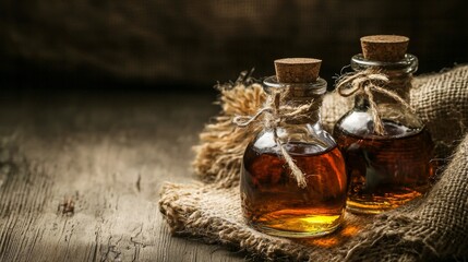 Glass oil bottles on dark wooden table for rustic kitchen food preparation natural culinary concept background image