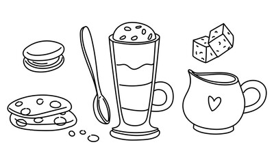 set in the style of doodles with mug of coffee, cookies, cream, sugar cubes. It is ideal for tea packaging design, kitchen accessories, cafes, culinary blogs, restaurants. Individual elements on white