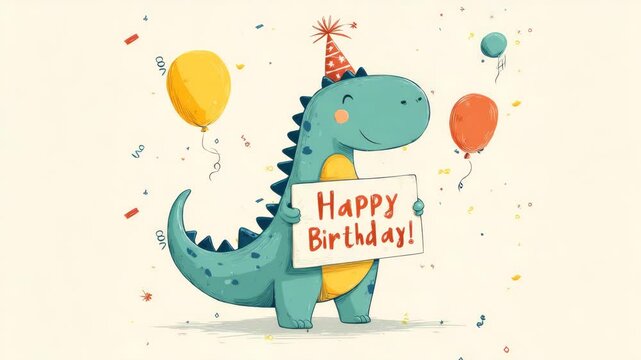 cute dino with birthday greeting and balloons on colorful confetti background illustrated animation - Powered by Adobe