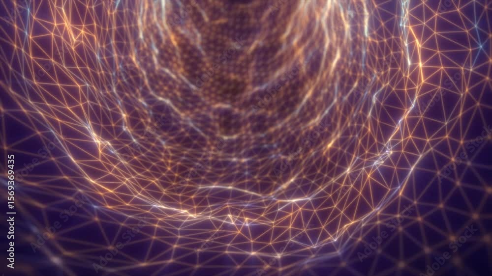 Poster abstract glowing tunnel of triangular wireframes in warm golden tones, forming a complex digital vor