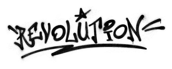 Word ‘Revolution’ written in graffiti spray paint lettering isolated on transparent background © HTGanzo