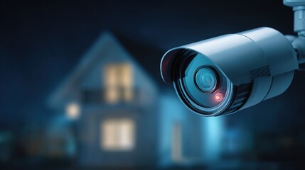 A close-up of a modern security camera monitoring a residential house at night with blurred lights in the background.