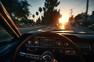 Warm sunlight illuminates the dashboard of a vintage car as it cruises down a scenic road at sunset, creating a nostalgic and adventurous atmosphere