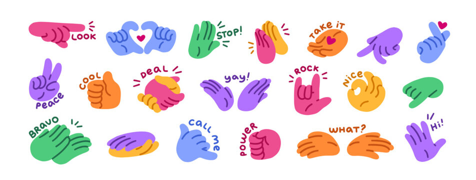 Set of hands with different gestures. Body language, signs of Hi, Stop, OK, handshake, peace and love. Colored palms are pointing and greeting. Flat isolated vector illustrations on white background