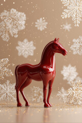 3D scene with a shiny red ceramic horse at the center, surrounded by stylized soft white snowflakes and golden sparkles, matte background in warm neutral tone, festive but minimal