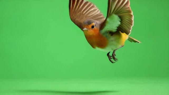 A robin with orange breast and brown wings flying against a green screen background in studio green screen bird video