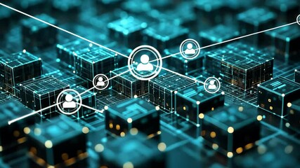 Abstract digital network connection with glowing blocks and user icons representing data exchange - Powered by Adobe