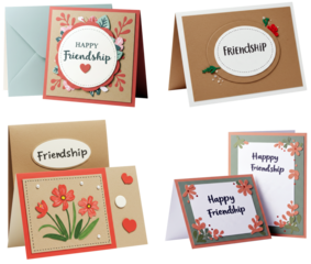 Colorful greeting cards with floral designs celebrating friendship  