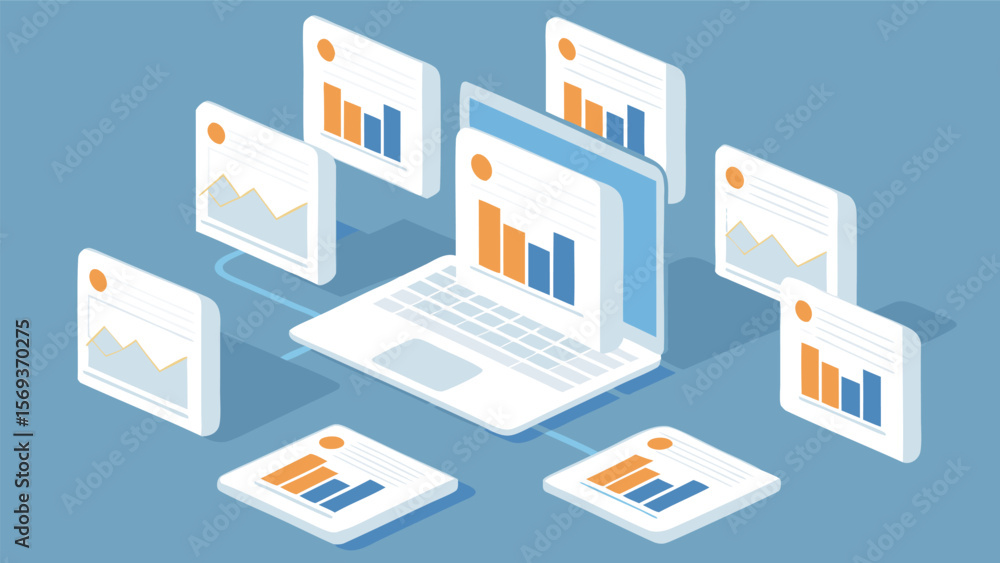Poster isometric view of a laptop surrounded by floating data charts and graphs on a blue background