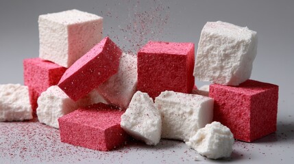 Colorful Turkish delight sweets stacked on pastel background for dessert candy photography and traditional snack display concept
