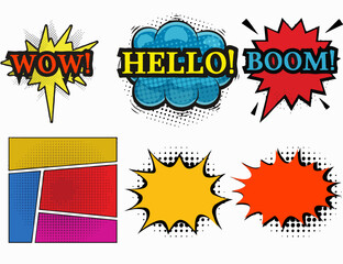 Comics signs. Boom, bang and wow sound effects in comic pop art style.  frame vector cartoon illustration set
