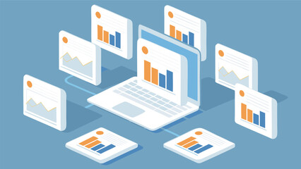 Obraz premium Isometric view of a laptop surrounded by floating data charts and graphs on a blue background