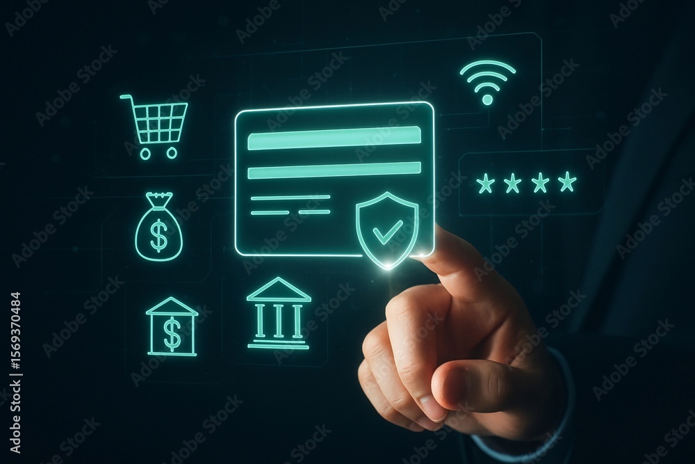 Aufkleber secure digital transactions and financial security icons on a futuristic interface
