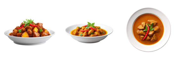 Spicy curry plate with tender meat and vibrant chili peppers served white bowls, showcasing bold Asian flavors and rich sauce