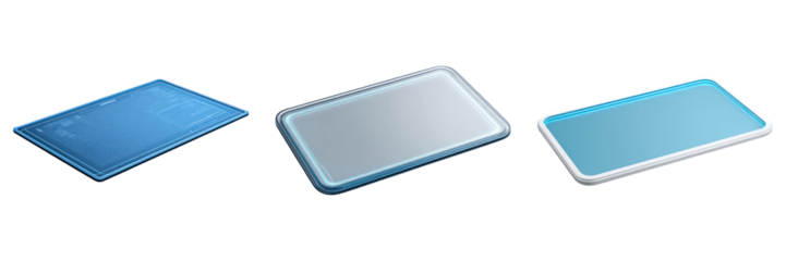 Three futuristic digital tablet screens with different interface designs and glowing edges floating transparency background