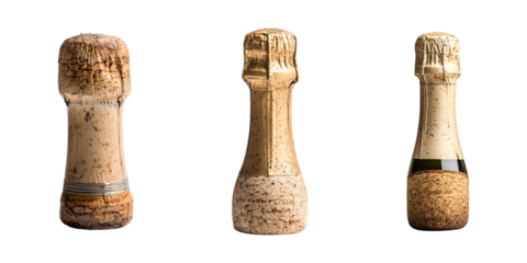 Set of vintage champagne cork isolated on transparent background, cut out