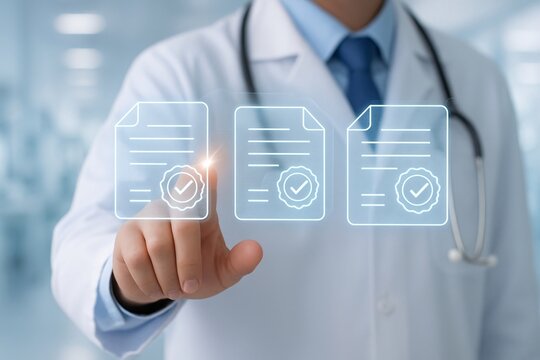Doctor interacts with digital medical documents and certifications on screen