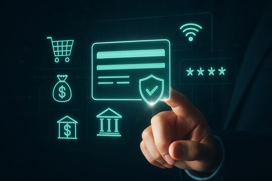 Secure digital transactions and financial security icons on a futuristic interface - Powered by Adobe
