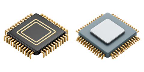 Quantum chip and microprocessor with gold pins representing next generation computing power and technology evolution