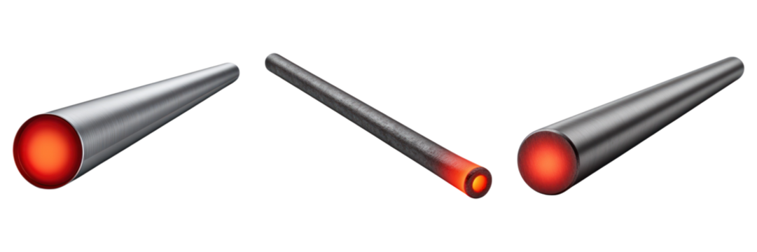 Glowing hot metal rods with red heat at ends, showing industrial energy and high temperature in clean isolated setting