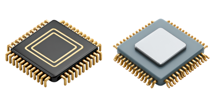 Quantum chip and microprocessor with gold pins representing next generation computing power and technology evolution