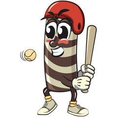 cute chocolate wafer roll mascot cartoon vector illustration wear a helmet playing baseball, funny dessert character in striped snack design for kids and food packaging, work of hand drawn