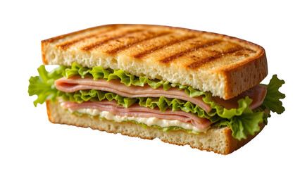 Delicious grilled ham and cheese sandwich with fresh lettuce isolated on white background close up view food on transparent background