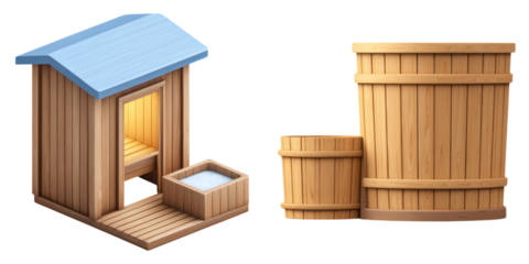 Wooden sauna house with blue roof and icy plunge tub, wooden barrels for spa and relaxation environment