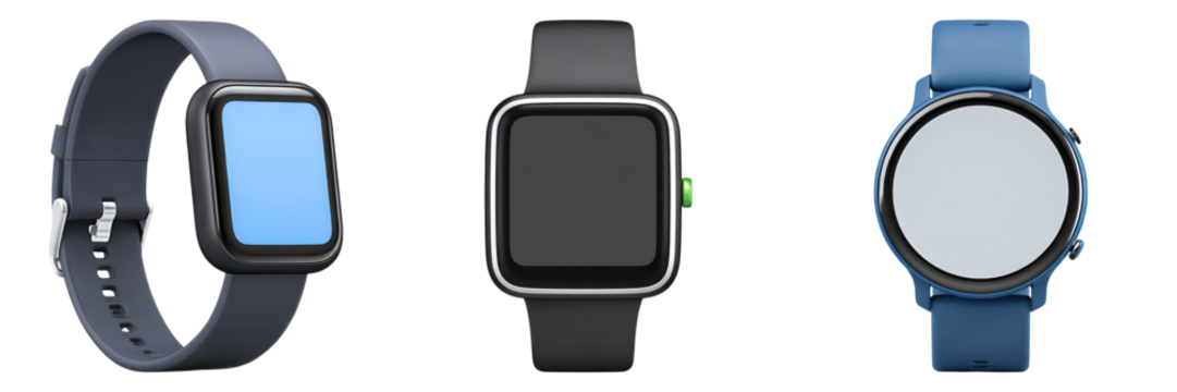 Smartwatch with black and blue bands showing blank screens and wearable tech device for notifications and fitness tracking