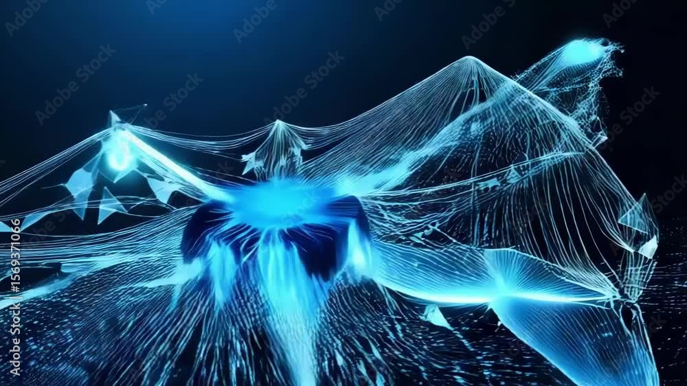 Poster a blue abstract network of interconnected triangles, lines, and dots forms a futuristic technology b