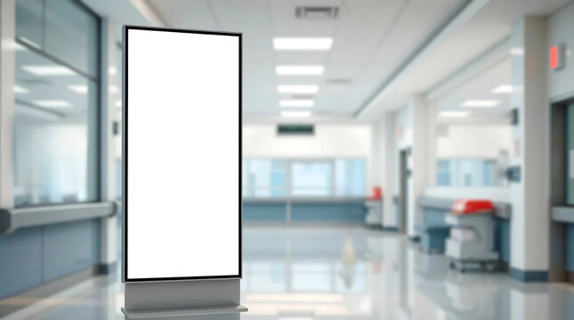 Blank white vertical digital billboard poster mock up for product advertisement in blur hospital background