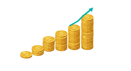 Growing financial success: isometric vector illustration of increasing coin stacks for business and investment concepts