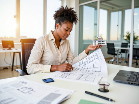 Young black woman working on architectural plans in modern office   - Powered by Adobe