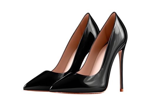 Elegant black high heel shoes, isolated on transparent background, fashion items