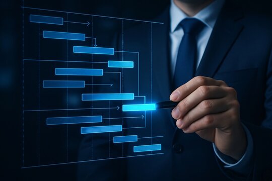 Businessman interacting with a digital gantt chart for project management planning