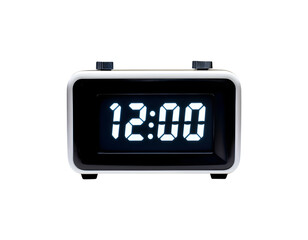 Digital alarm clock displaying 12:00 isolated on transparent background, cut out