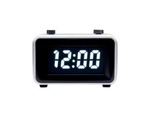 Digital alarm clock displaying 12:00 isolated on transparent background, cut out
