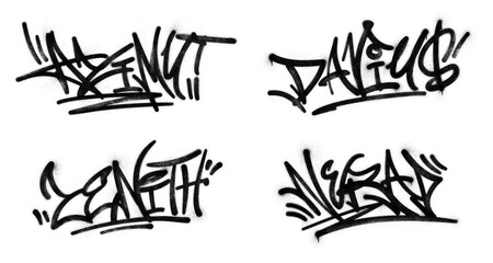 Set of spray paint graffiti tags isolated on transparent background