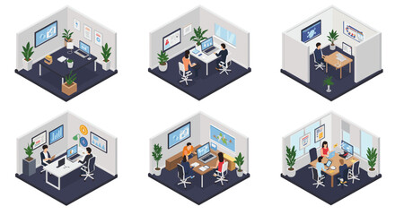 Isometric office workspace vector illustration for business design and presentation