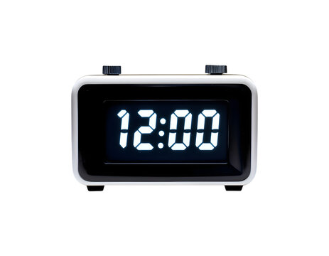 Digital alarm clock displaying 12:00 isolated on transparent background, cut out