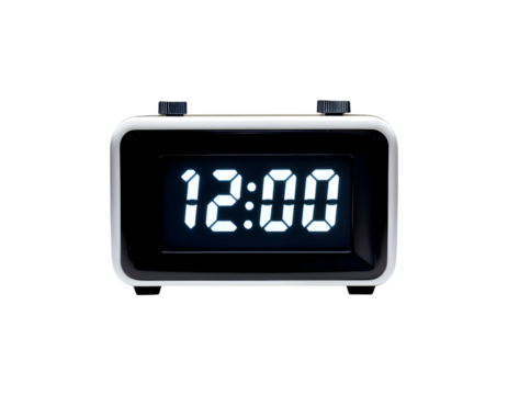 Digital alarm clock displaying 12:00 isolated on transparent background, cut out
